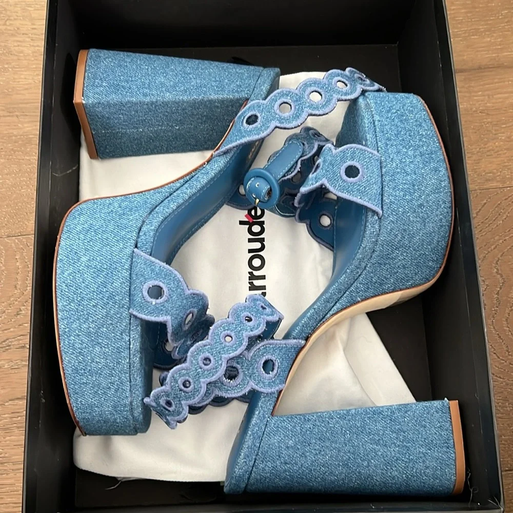 NEW Larroude Dolly Broderie Platform Sandal Blue Stoned Denim NWB - Picture 7 of 10